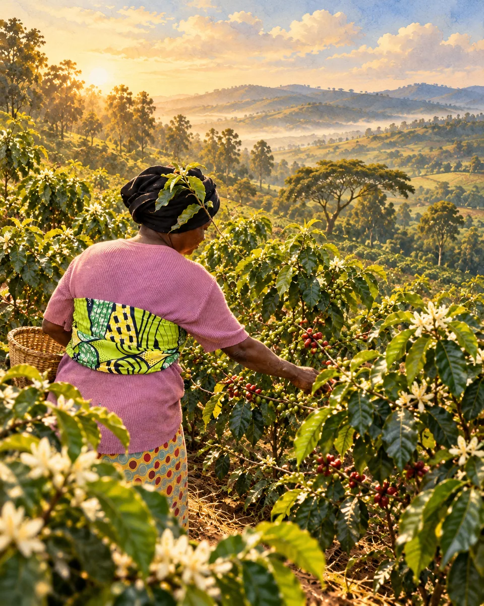 Illustration inspired by a woman tending coffee plants on the estate